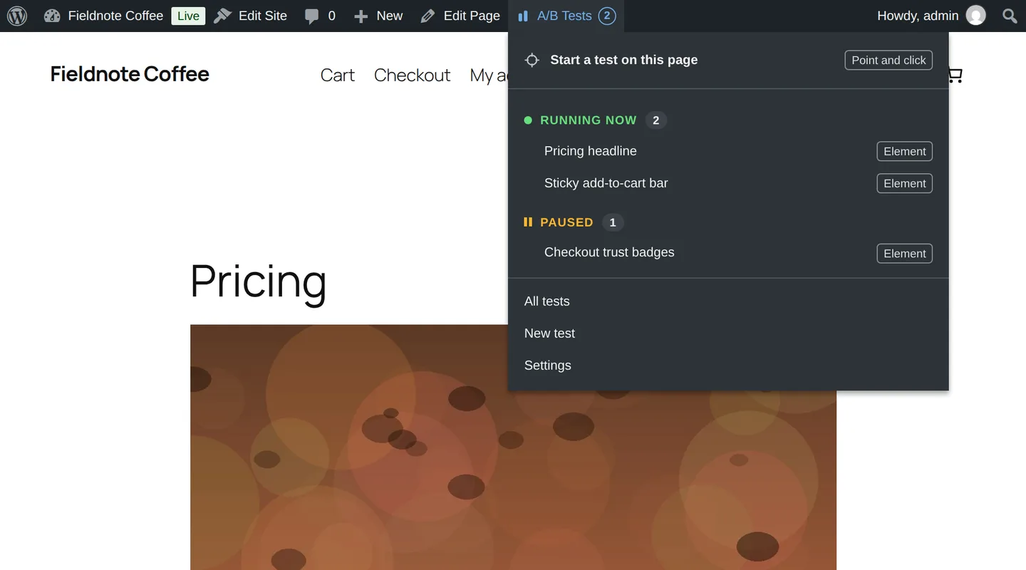The A/B Tests menu open in the WordPress admin bar on a front-end page: Start a test on this page, two running tests, one paused, and links to all tests, a new test and settings.