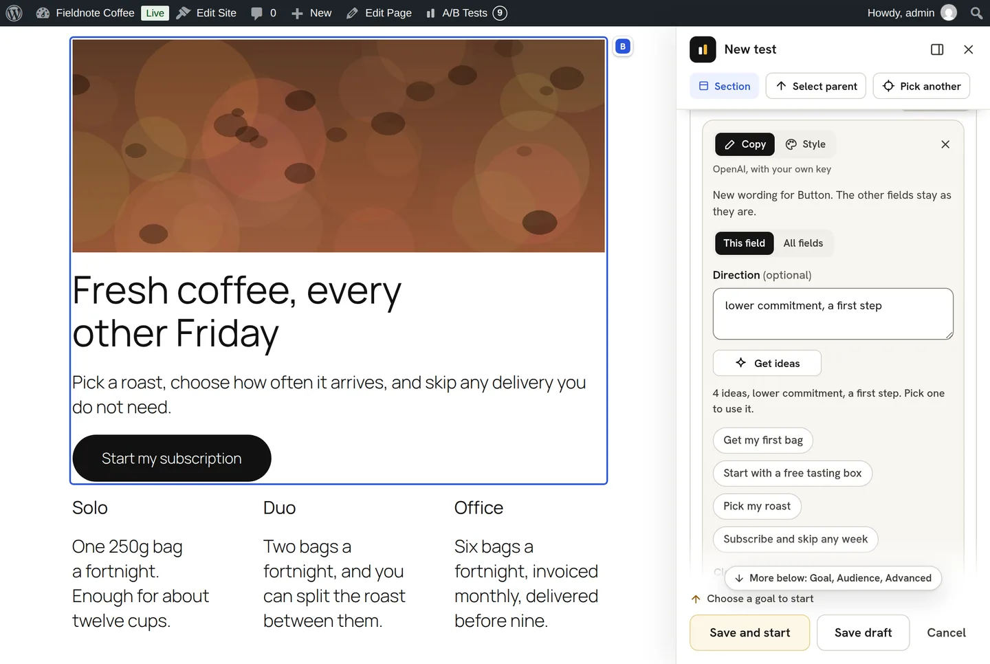The point-and-click panel docked beside a demo pricing page with a whole section picked and the AI tools open on Copy for the button: the direction typed, Get ideas, and four ideas to pick from