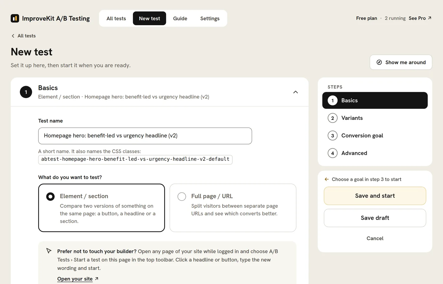 The New test screen in wp-admin on the Basics step: the test name, the CSS class it forms, and the choice between an element or section test and a full-page URL test.