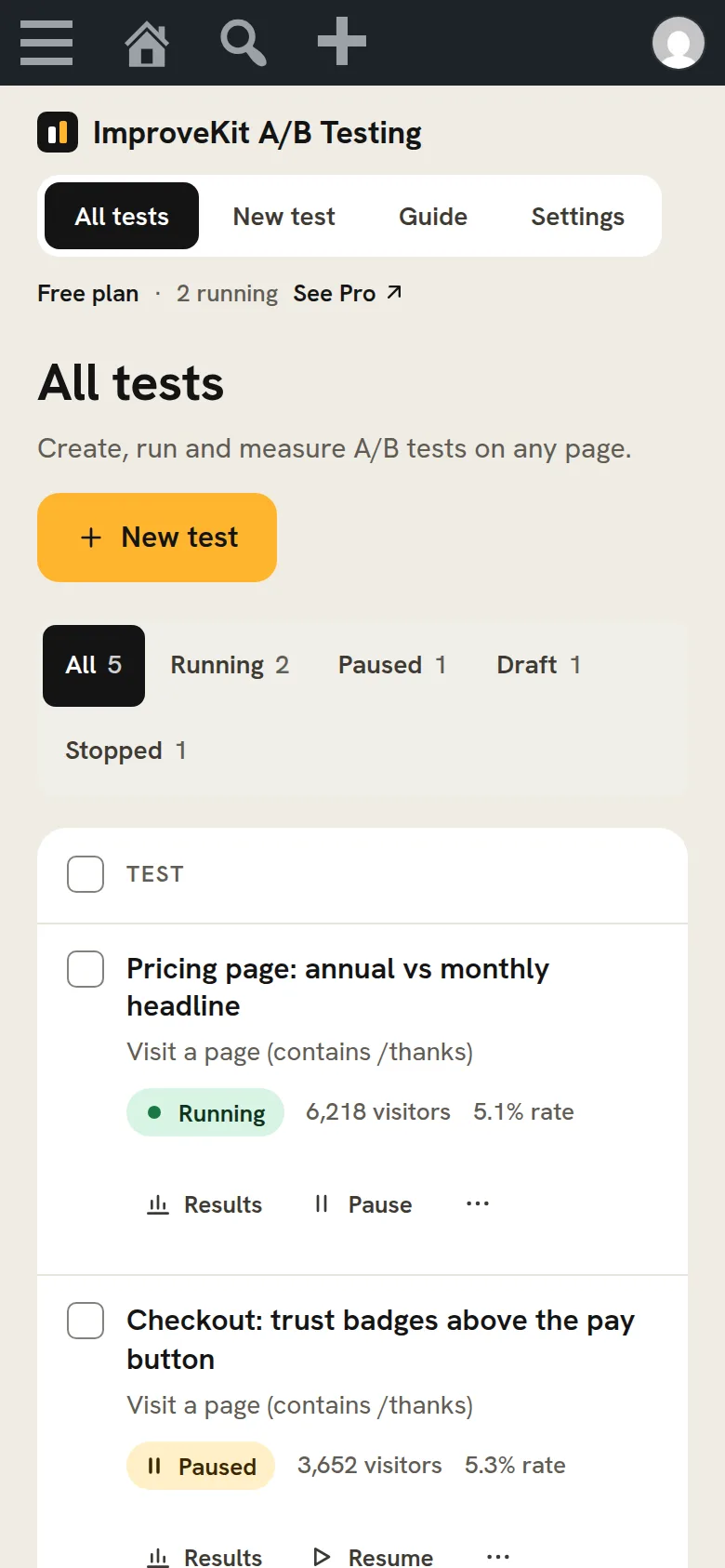 The All tests screen at phone width: the status filters, wrapping onto a second line rather than being cut off, and each test as a card with its status, visitors, rate and actions.