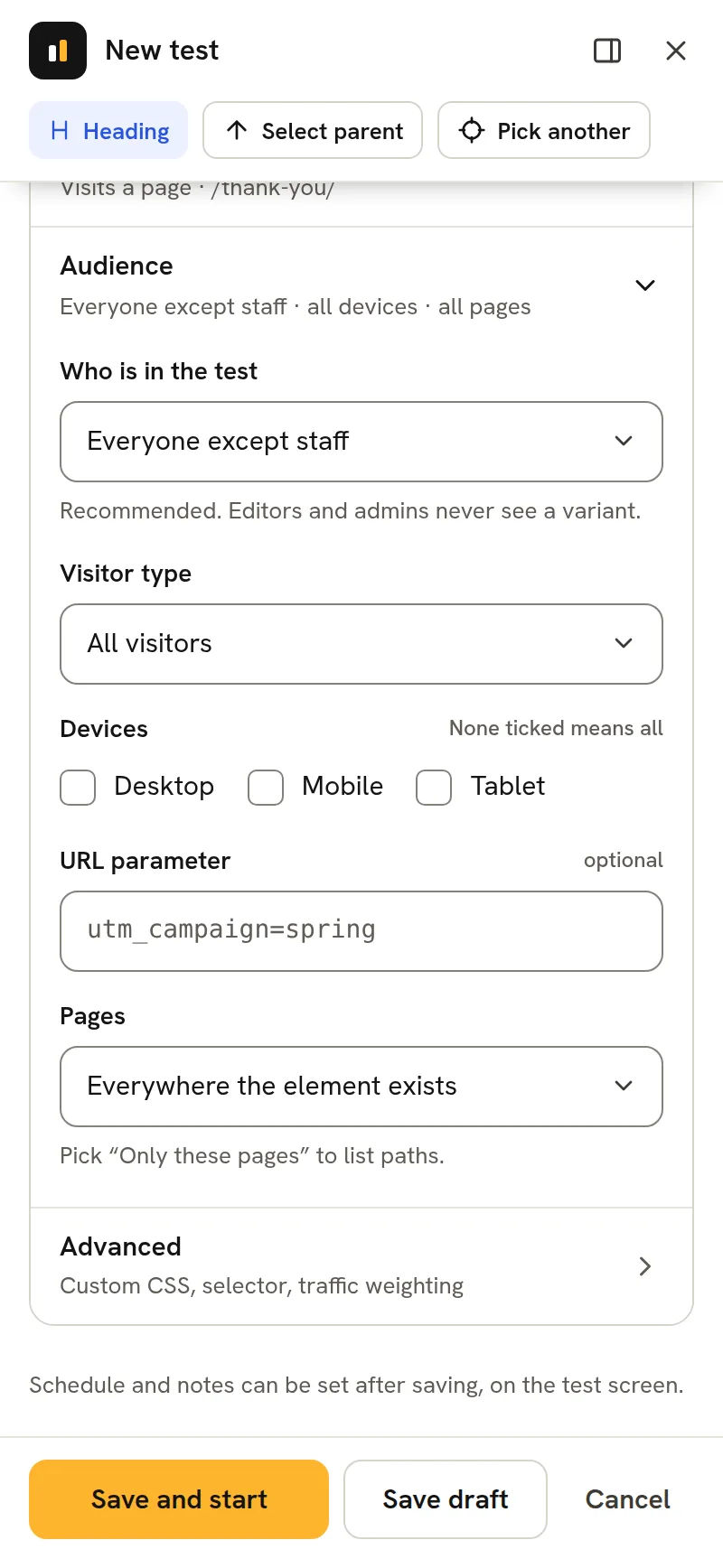 The same panel on Pro with Audience open: everyone except staff, all visitor types, all devices, an optional URL parameter, and the pages the test runs on, which every plan can set.
