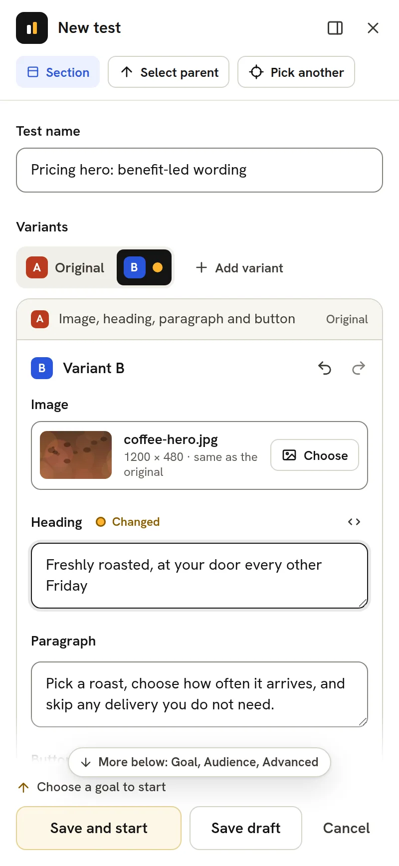 A whole section selected: the image, heading, paragraph and button each open as their own field.