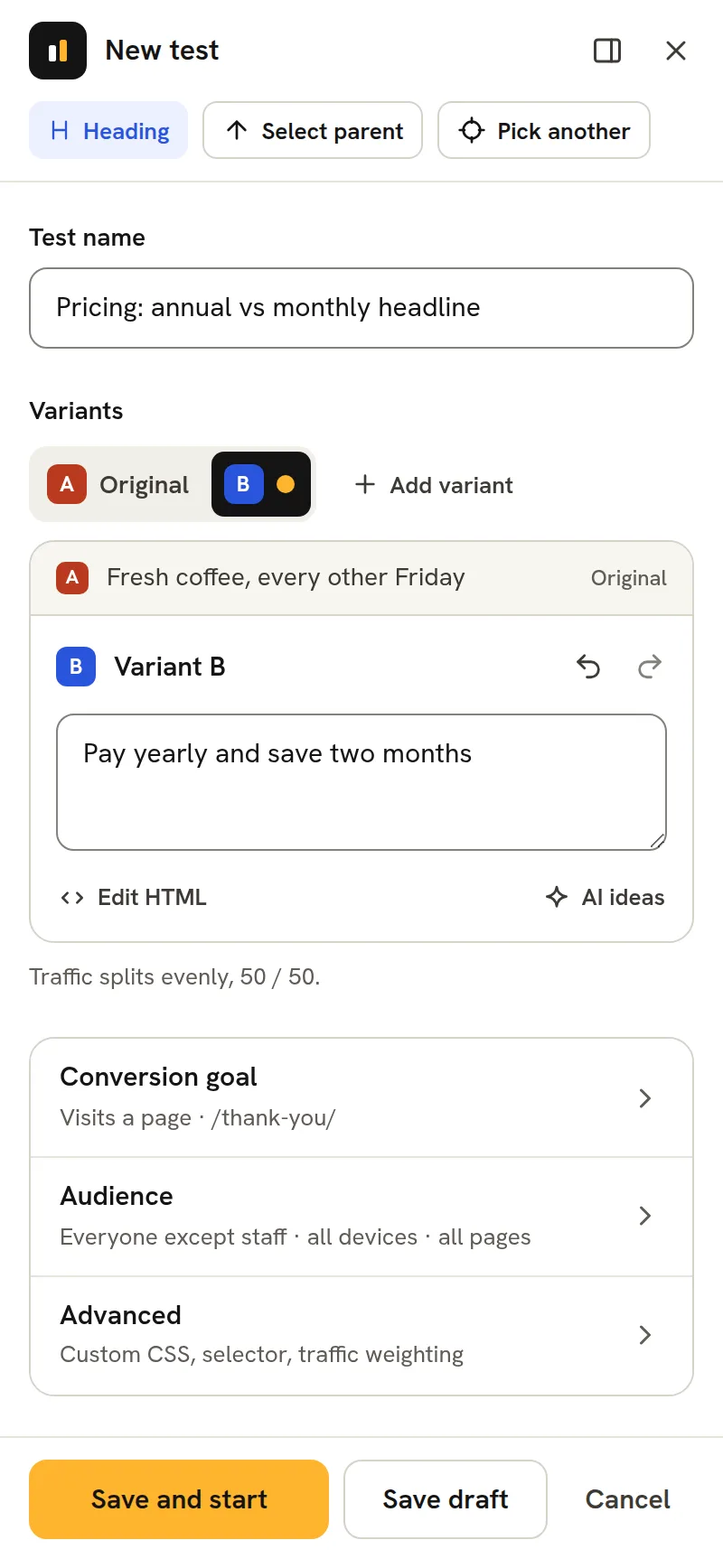 The ImproveAB point-and-click panel on its own: the heading is picked, variant B has new wording, a page-visit goal is set and Save and start is ready.