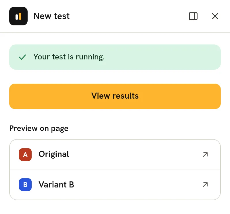 The panel after Save and start: the test is running, with View results and a preview link for each variant