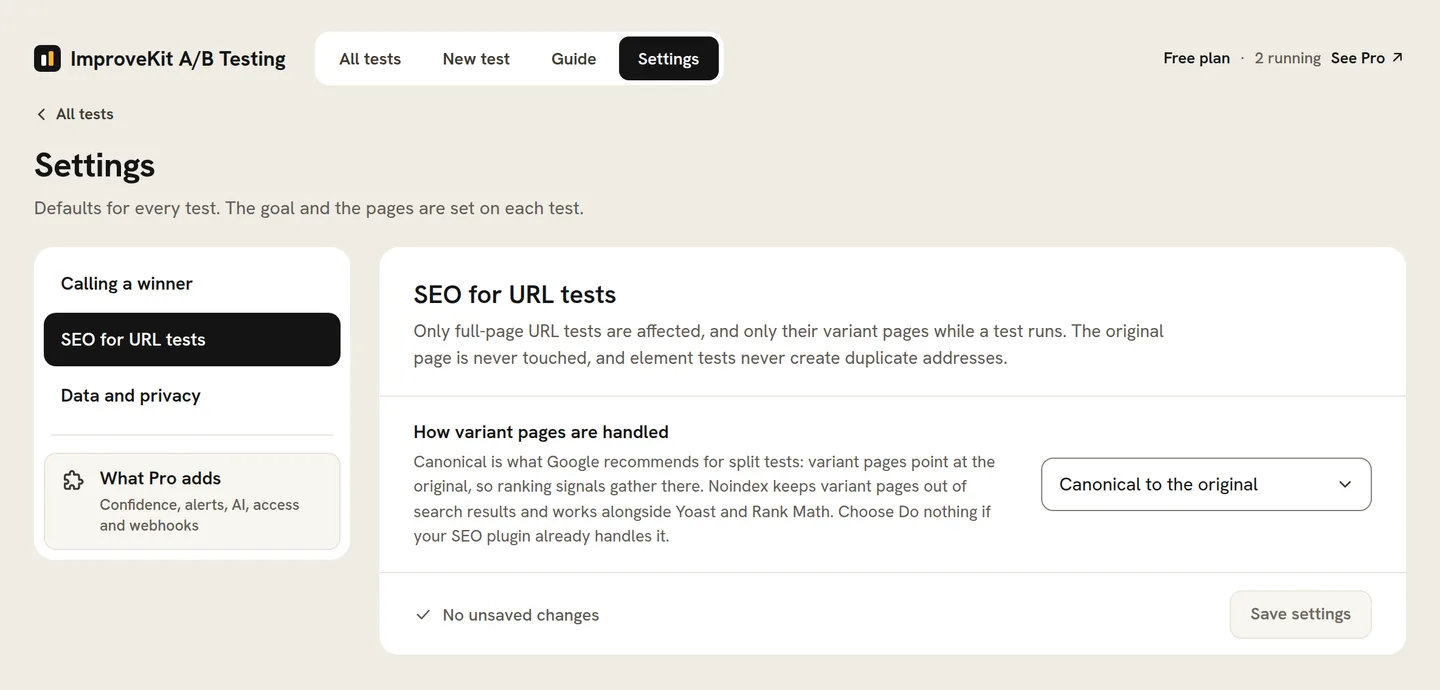 The plugin settings with SEO for URL tests selected: variant pages get a canonical to the original, the recommended setting, with noindex and do nothing as the alternatives